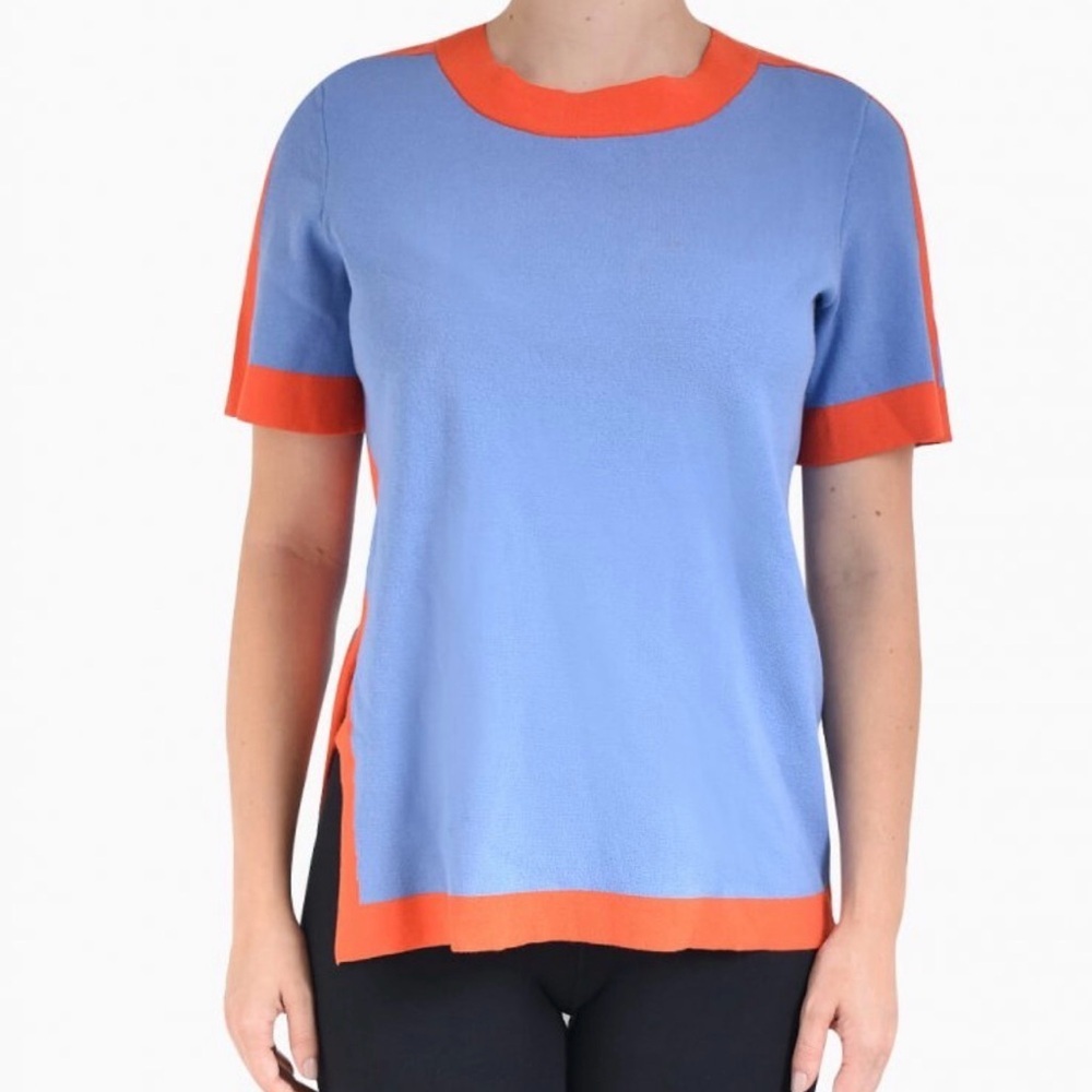 EUC Tory Burch Light Blue Short Sleeve Sweater with Orange Trim